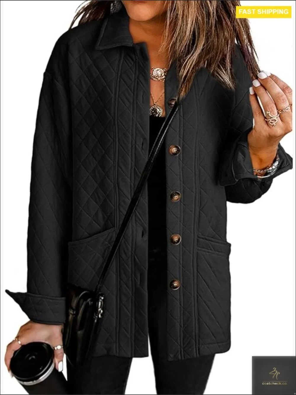 Quilted Shacket Jacket Long Sleeve Button Down Collar Casual Chic Oversized